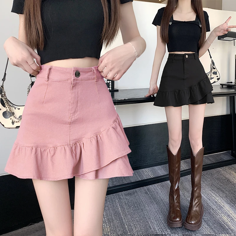 时尚不规则荷叶边半身裙女夏季韩版鱼尾裙高腰修身A字包臀短裙子