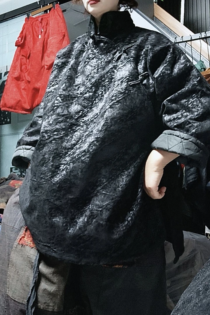 无吊牌洗水做旧暗花黑色盘扣棉服上衣