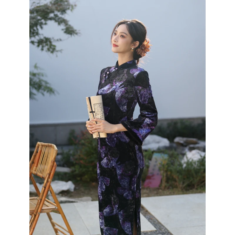 球球夫人丨蝴蝶）121cm冬季加绒单层黑色显瘦修身复古气质旗袍