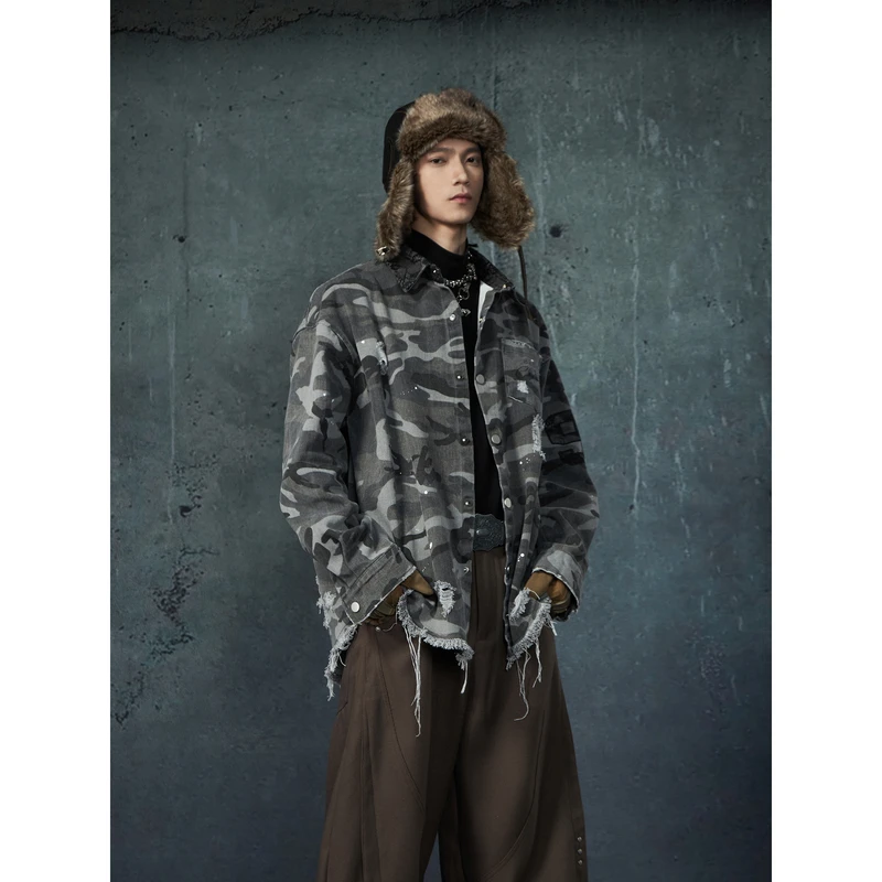 美式复古毛边迷彩长袖衬衫男女宽松休闲痞帅工装衬衣外套夹克ins