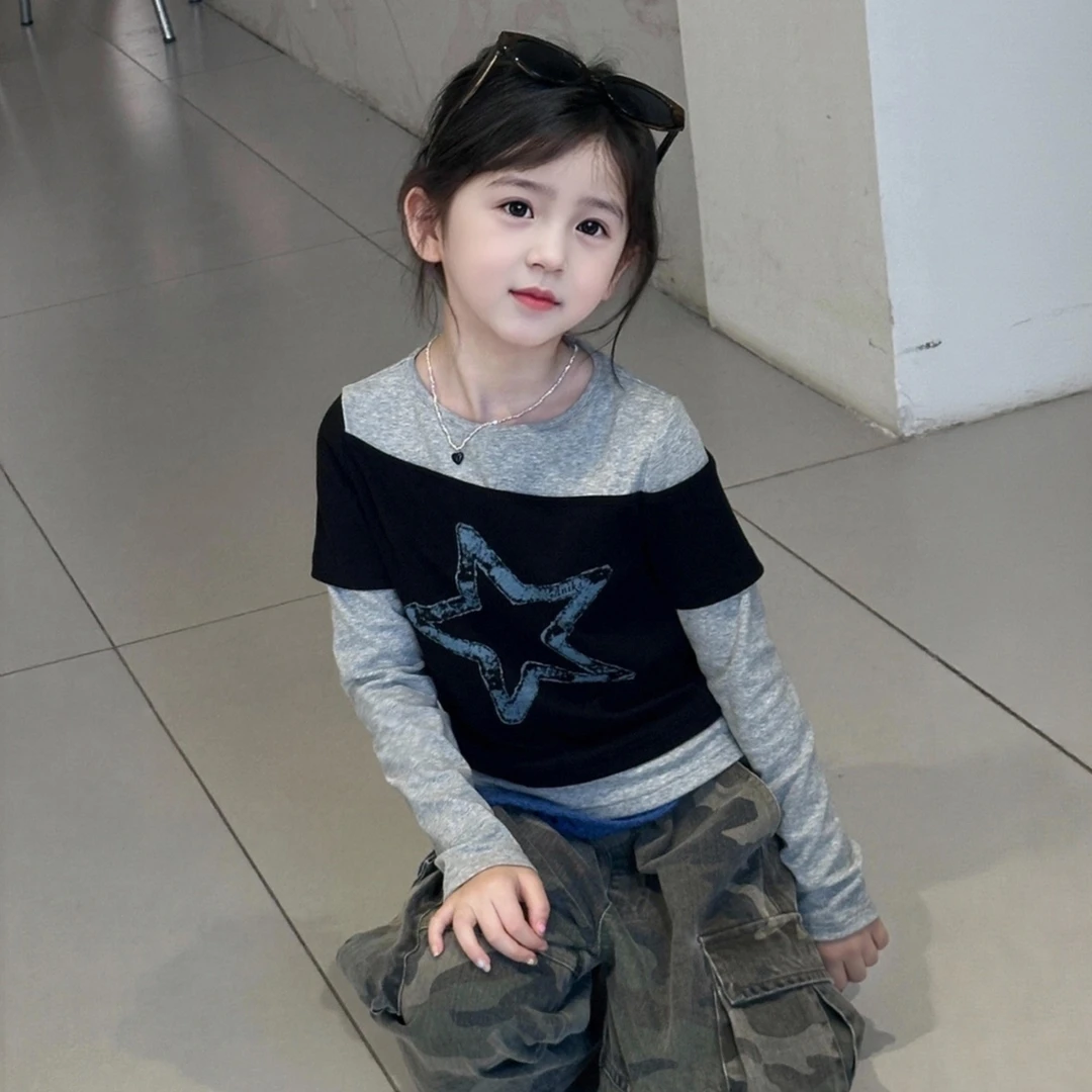女童显瘦百搭长袖T恤春秋2025新款儿童秋装洋气时髦假两件打底衫T