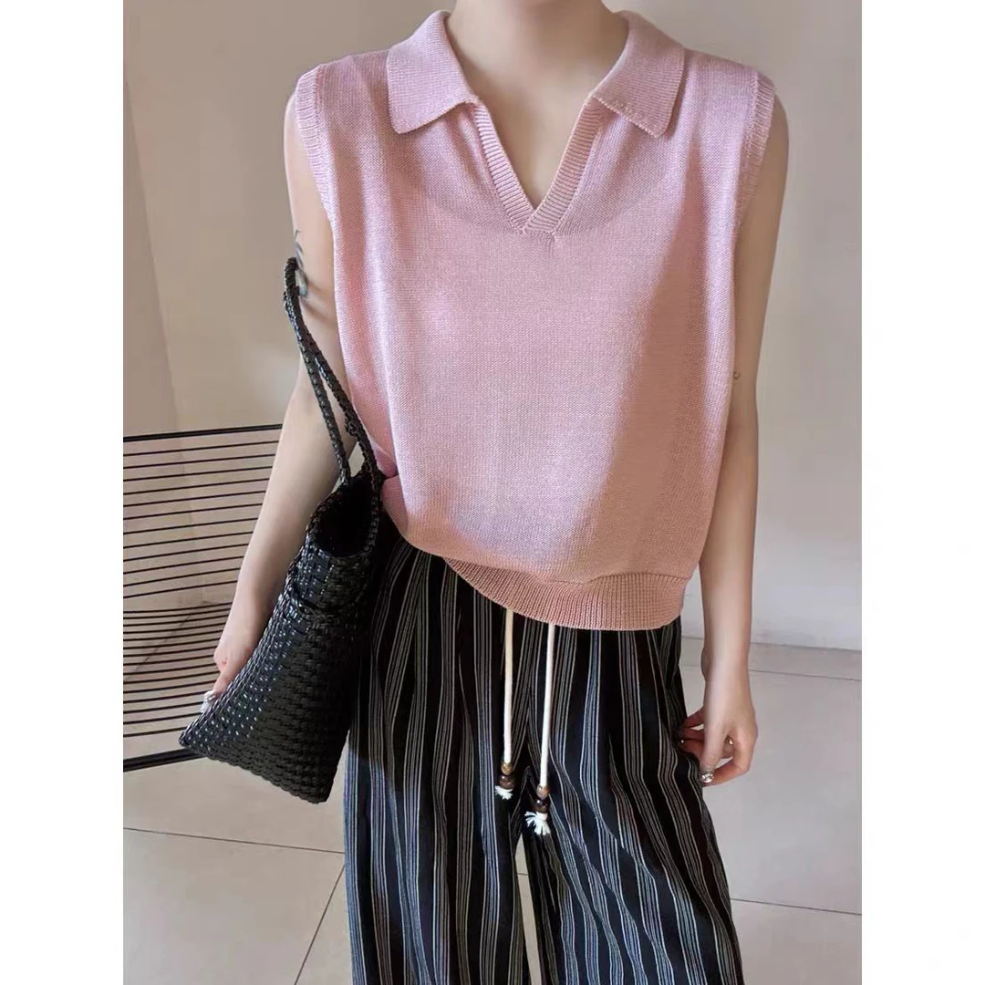 翻领纯色针织无袖POLO领背心简约上衣66935