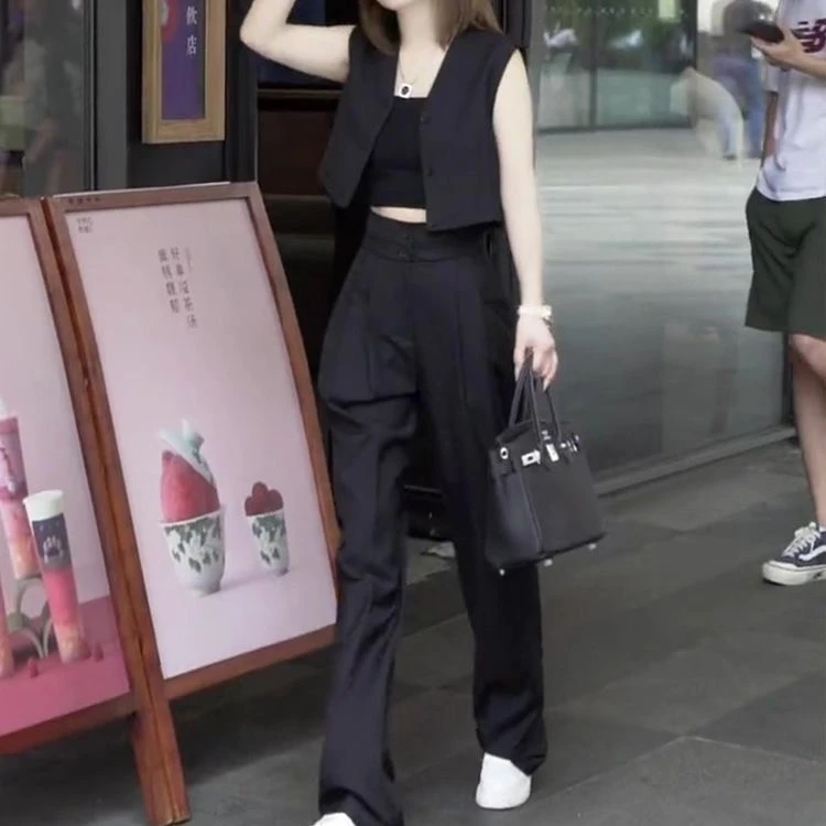新款炸街干练气质高定轻奢女装黑色马甲长裤显瘦两件套