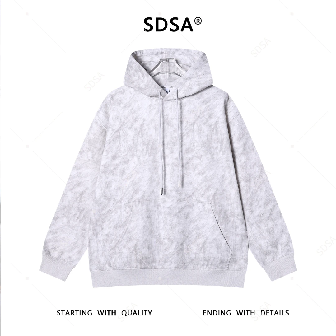 SDSA男士秋冬新款痞帅男装简约扎染套头抽绳连帽卫衣时尚慵懒风