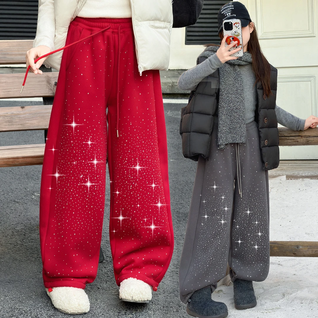 女童加绒阔腿裤冬季新款儿童装一体绒休闲卫裤大童加厚运动直筒裤