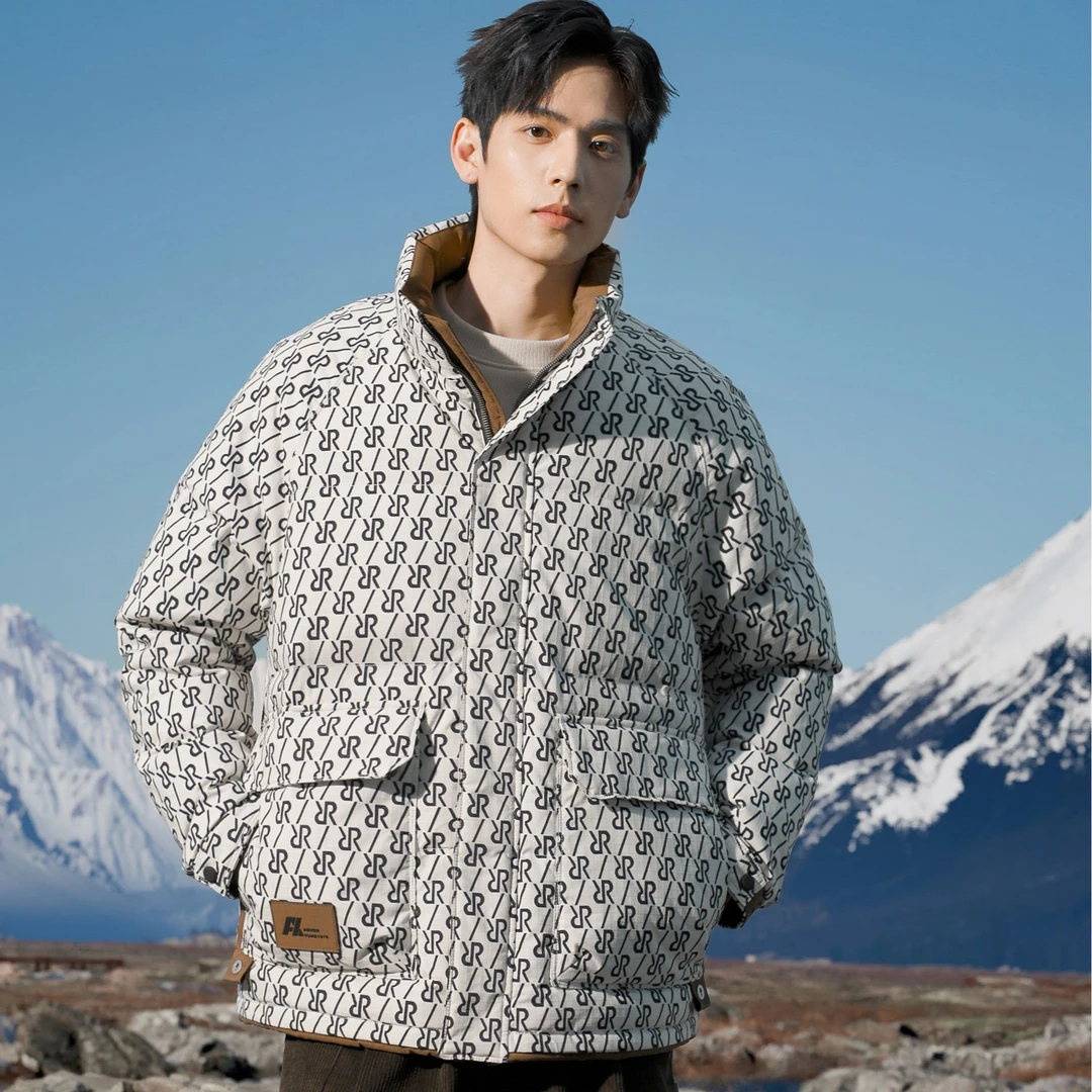 2024冬季新款男羽绒服90鸭绒立领设计感潮牌印花保暖外套5605