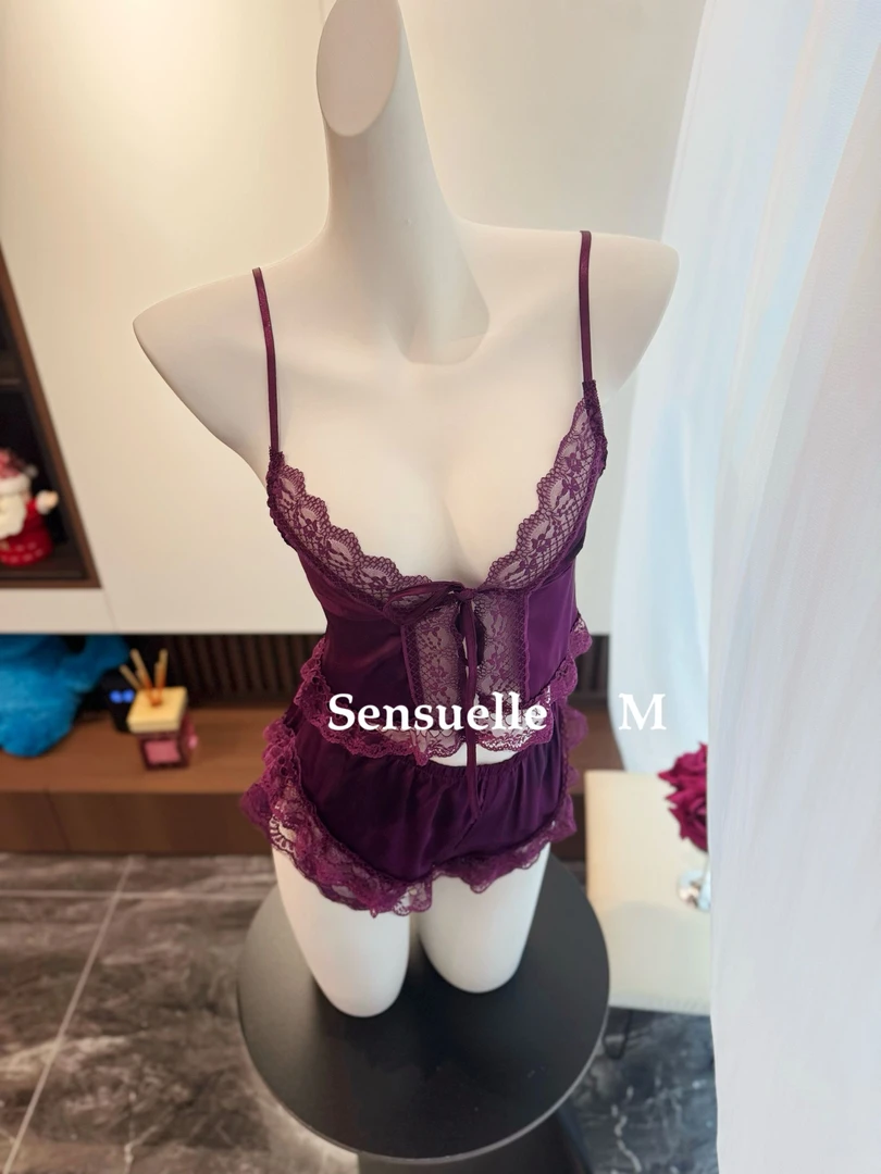 Sensuelle  M夏季性感女冰丝法式系带蕾丝吊带短裤纯欲家居服