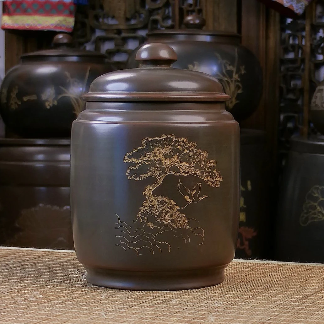 金柱罐9两装【鹤禧】钦州坭兴陶茶叶罐高档密封储存普洱六堡茶茶罐