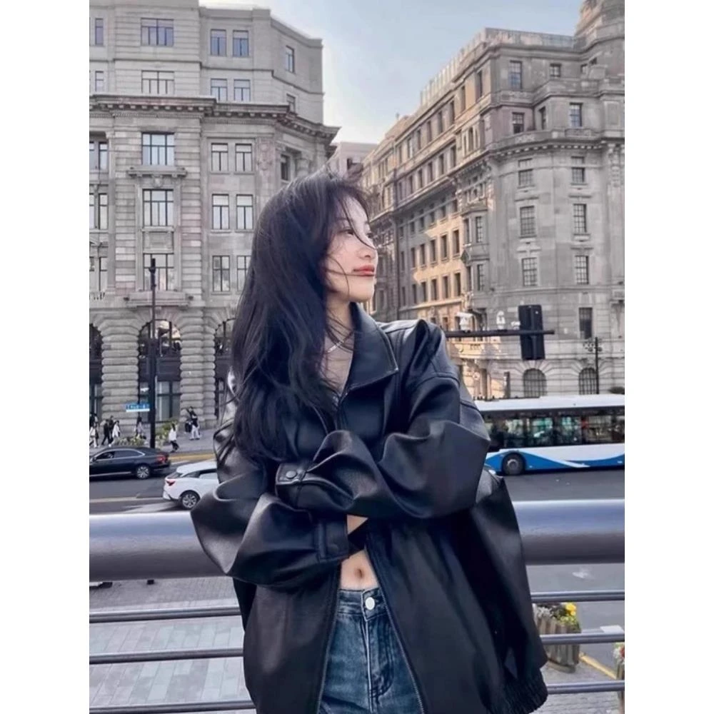 cleanfit黑色翻领PU皮外套男女春季美式高街高级感痞帅机车皮夹克