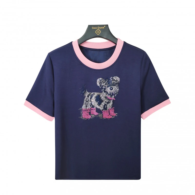 撞色西高地小狗图案圆领短袖T恤-80325