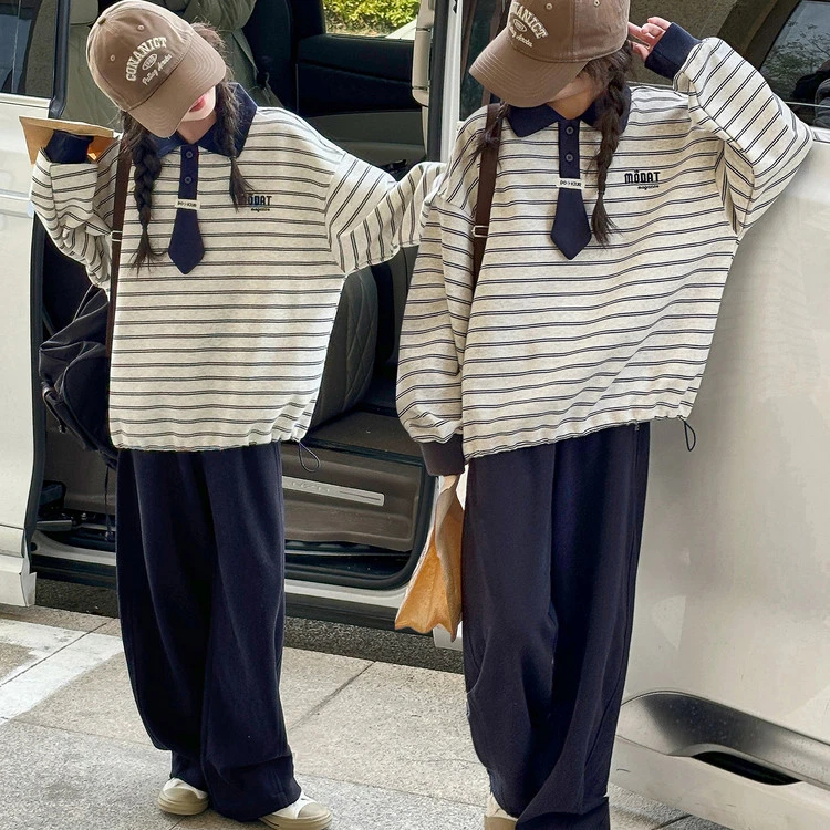 2025春秋季新款女童条纹洋气休闲时尚Polo衫休闲裤两件套潮流