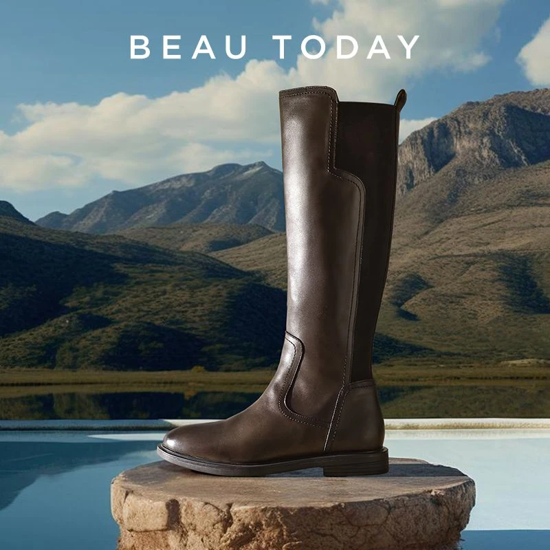 BeauToday长筒靴女真皮复古骑士靴BT不过膝高筒靴小众设计显瘦