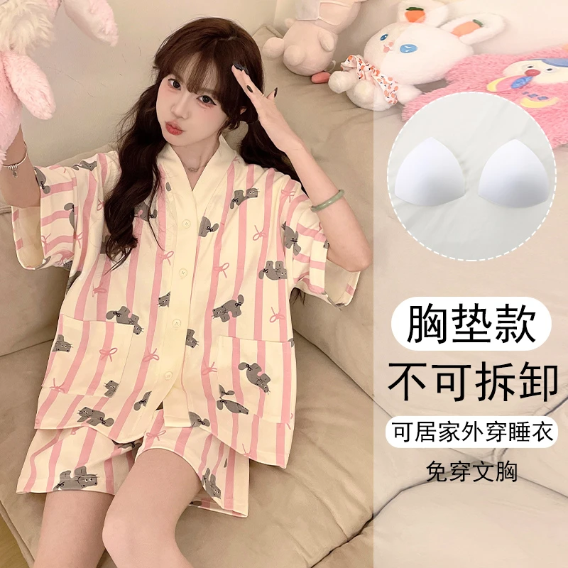 大码可外穿家居服女春夏2025年新款带胸垫短袖高颜值甜美睡衣套装