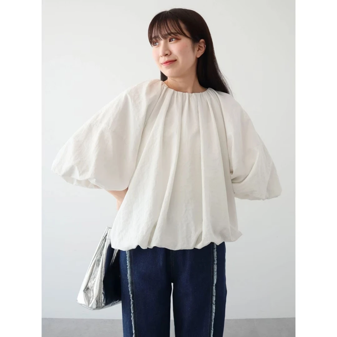 【胖虎家】春季新款 E 褶皱肌理感泡泡袖百搭极简风气质纯色上衣女