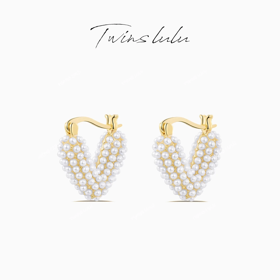 铜合金仿珍珠耳饰 TWINS LULU 镀k金 立体爱心珠珠耳环TSL944