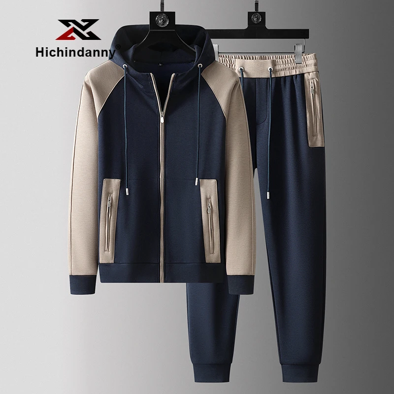HICHIN连帽卫衣运动套装男士春秋季莫代尔商务休闲撞色拼接两件套