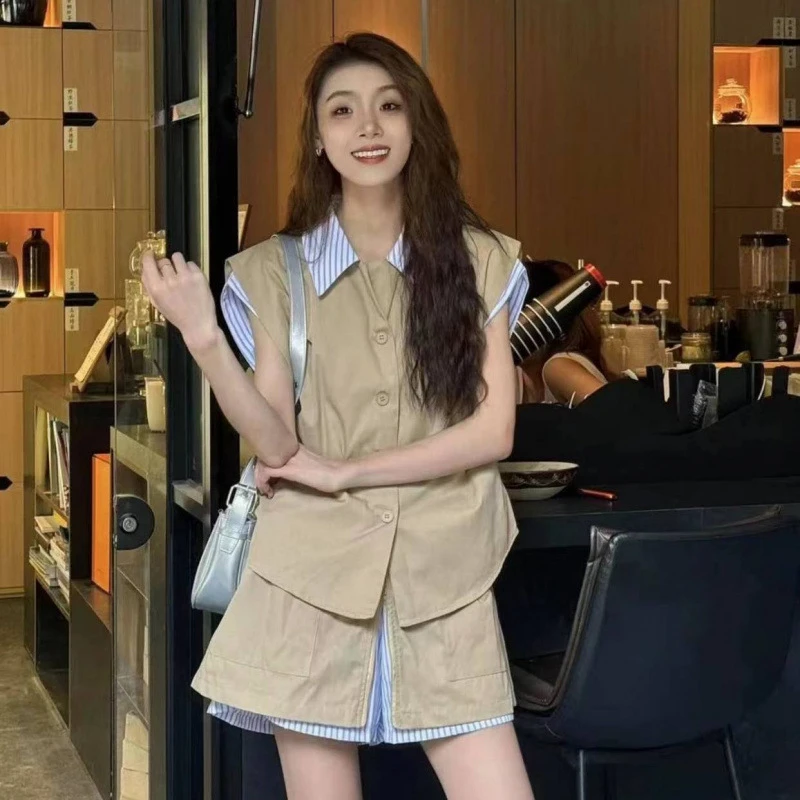 2024夏季新款时尚精致条纹拼接气质显瘦假两件上衣短裙两件套套装