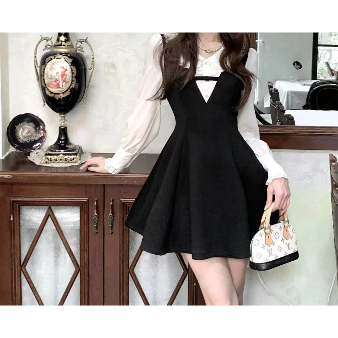 （大财主）大码新贵小赫本掐腰绝绝子蕾丝收腰小黑裙6645