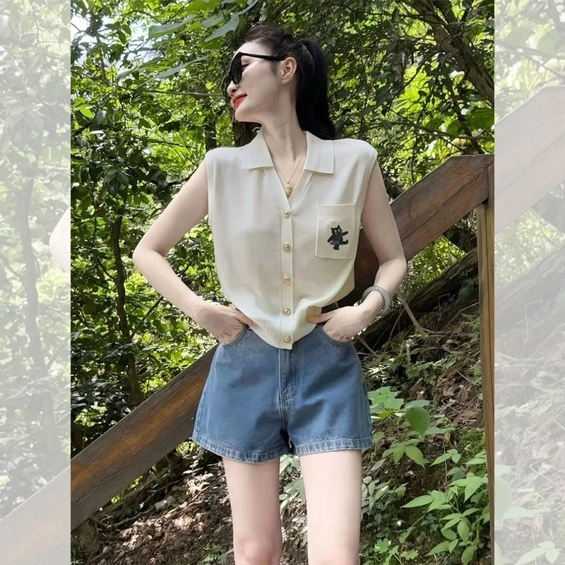 韩版polo领冰丝针织背心女夏季外穿时尚显瘦短款无袖小猫t恤上衣