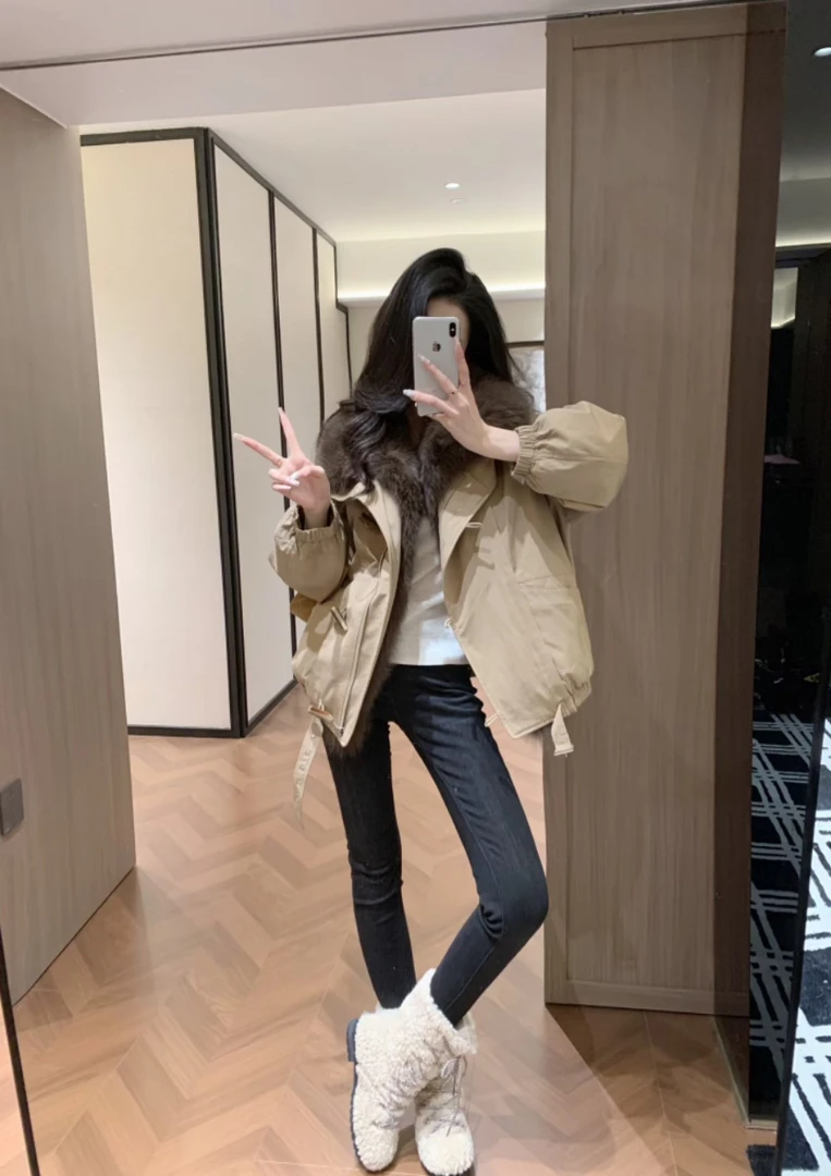 2026秋冬新款韩系气质巴恩风中长款派克服可拆卸毛领外套牛仔裤