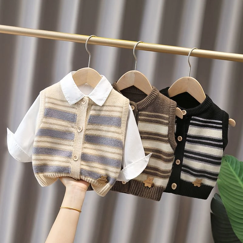 男童背心针织衫马甲儿童条纹森系秋装马甲男宝宝小月龄衣服学院风