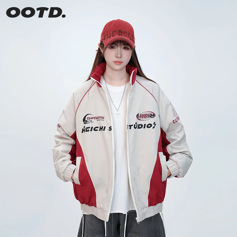 夏夏穿搭美式复古撞色印花立领机车男潮牌冬新款宽松休闲棉服外套