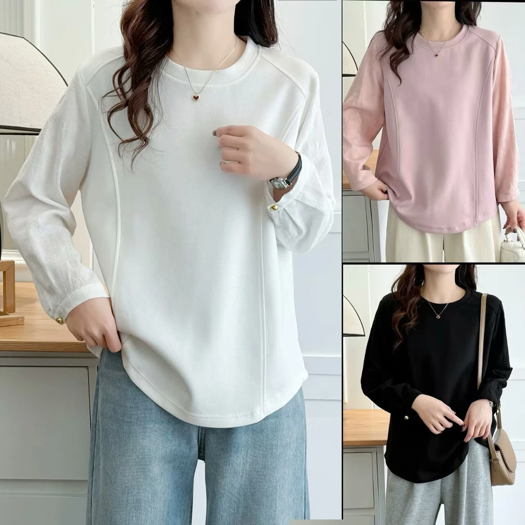 大码女装2025春季新款设计感正肩圆领纯色休闲遮肚子显瘦打底衫