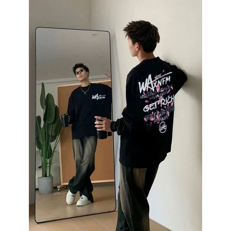 重磅纯棉长袖男美式高街罗口t恤潮牌痞帅炸街打底衫秋内搭潮流