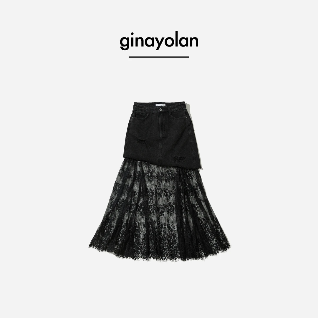 GINAYOLAN/瑾颜【牛仔系列】原创设计假两件牛仔蕾丝气质针织半裙