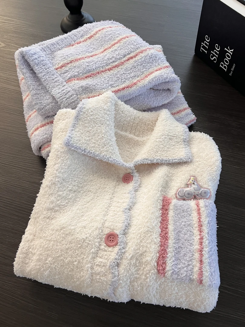 软糯温柔治愈毛衣半边绒睡衣女早秋款宽松加厚保暖家居服套装外穿