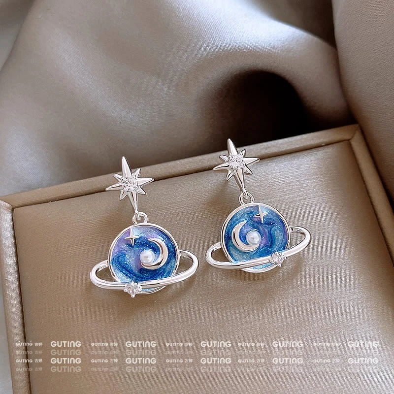 铜合金合成锆石耳饰 20674银色八芒星晕染星球耳钉小众设计感耳环