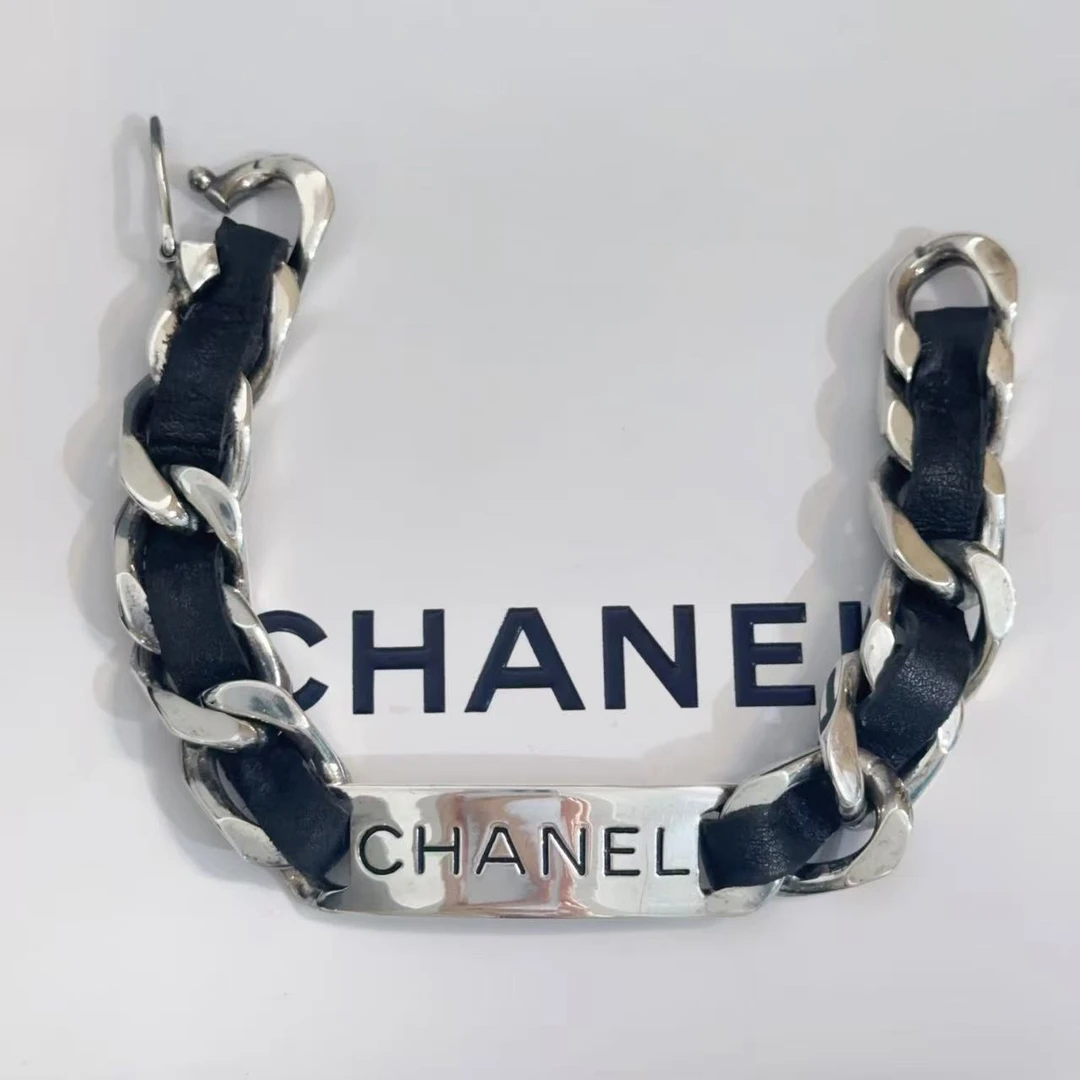 95新 Chanel/香奈儿 Chanel vintage香奈儿中古银色皮穿手链