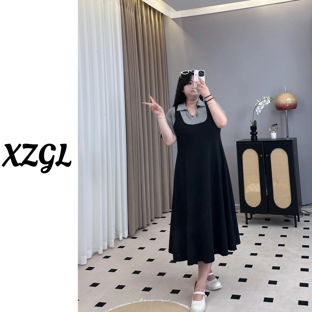 【小猪专属】新款大码连衣裙时尚气质翻领假两件拼接休闲裙-L351