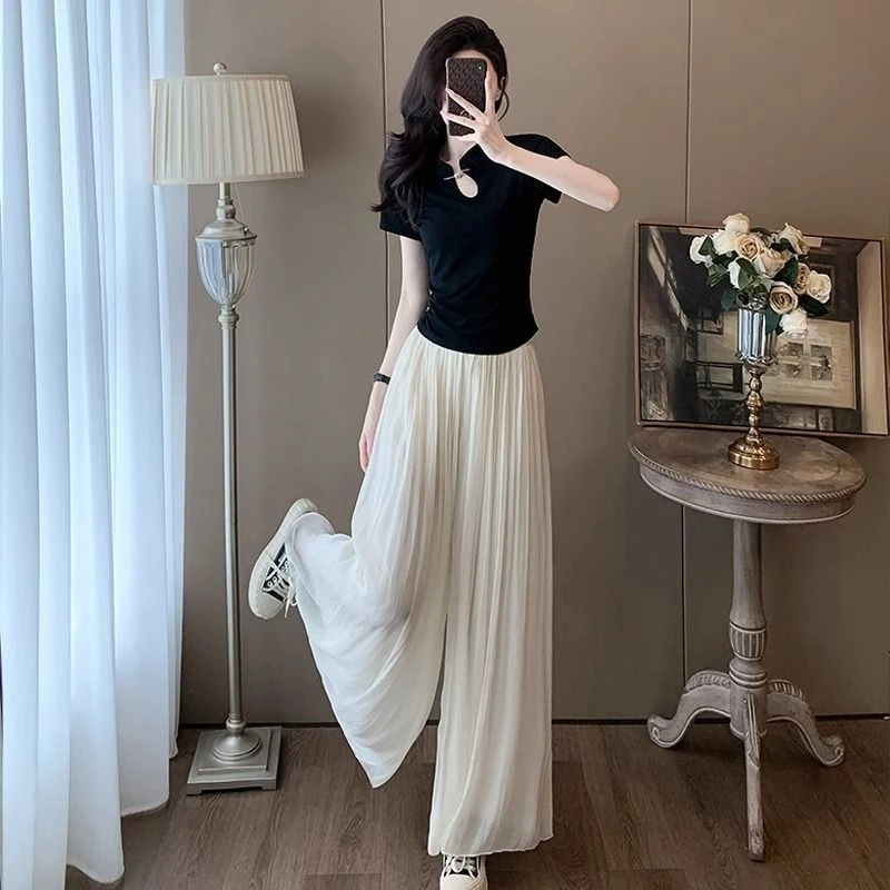 白色冰丝裤裙女春秋夏季薄款2024年新款高腰垂感小个子休闲阔腿裙