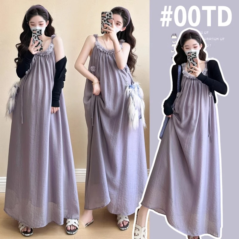 孕妇装长裙连衣裙新款雪纺吊带裙子两件套时尚款孕妈穿搭夏季套装