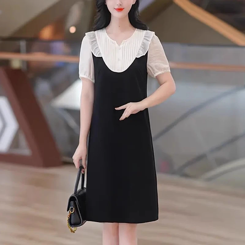 2025夏季新款时尚法式设计感短袖连衣裙女气质显瘦中长款休闲裙子