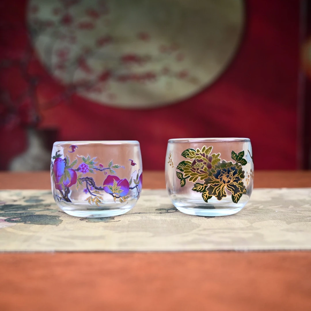 双变色牡丹九桃水晶对杯ZH164 K