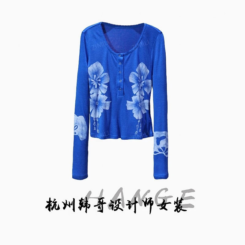 【韩哥女装】2025欧版克莱因蓝简约印花时尚高弹网纱上衣8882-B3