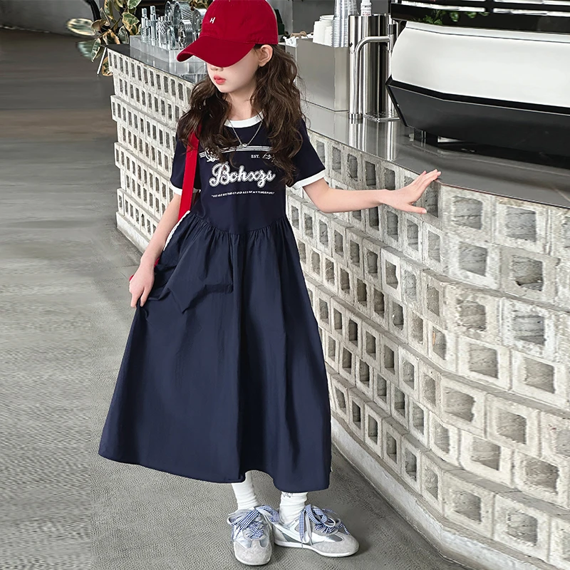 女童字母T恤拼接连衣裙夏季2025新款中大童短袖棉布洋气时尚裙子