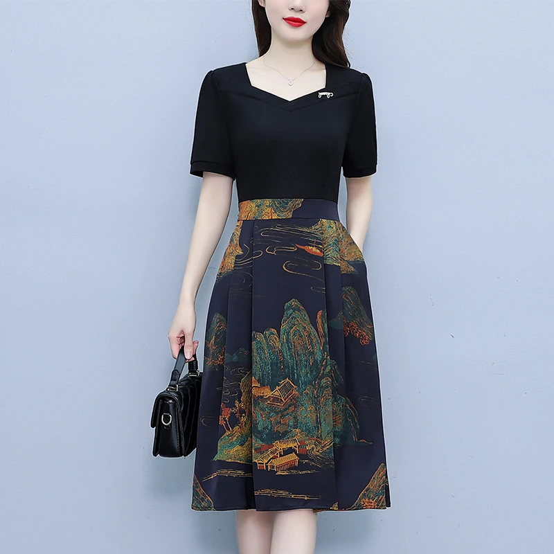 有口袋印花连衣裙2025新款夏季拼接假两件中长款修身显瘦洋气裙子