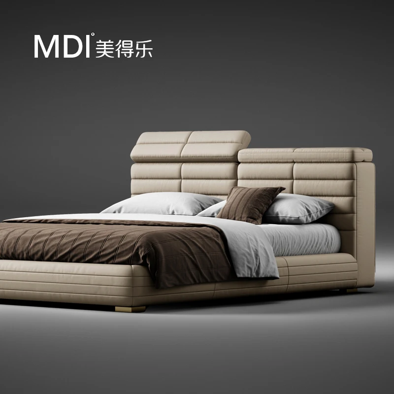美得乐意式裂纹2人皮艺床实木床客厅储物高箱主卧室极简大床轻奢