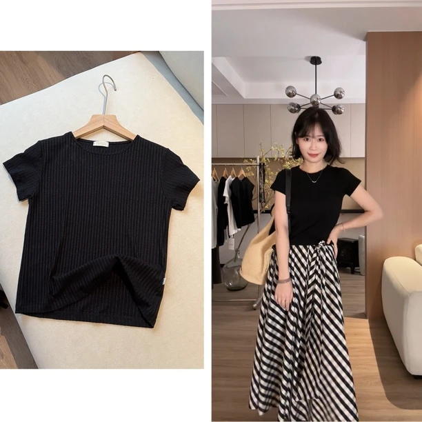 大鱼定制 时尚简约短袖T恤女夏季薄款修身气质坑条纯色上衣