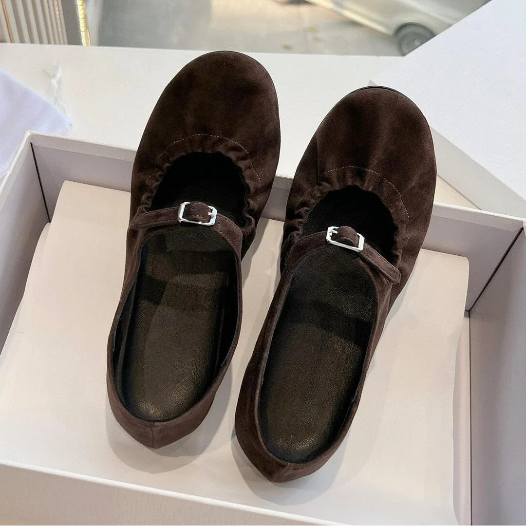 【澳门专柜正品】法式玛丽珍鞋2025年新款复古棕色圆头绒面一字扣带