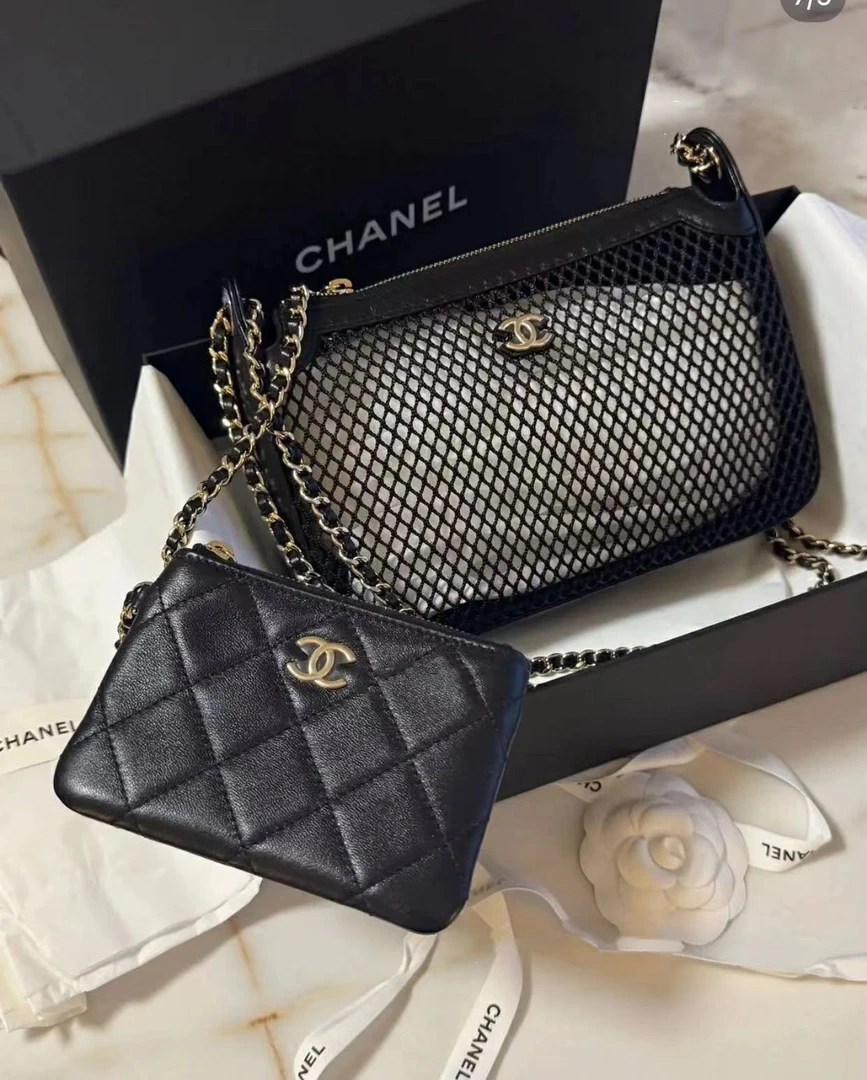 99新 Chanel/香奈儿 25s黑色网纱子母链条包20cm 16317144
