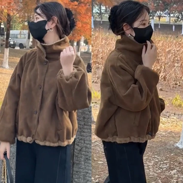 韩系加绒加厚拼接显瘦麂皮绒外套女2025冬季新款保暖宽松洋气上衣