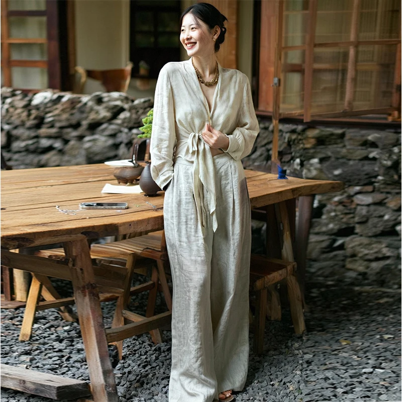 老钱风气质亚麻套装女夏季轻熟风绑带收腰无袖上衣阔腿长裤两件套