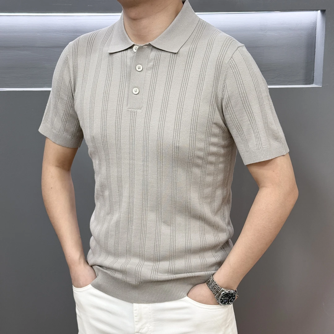 2025男士新品轻奢翻领条纹潮流帅气时尚百搭精致针织短袖3780