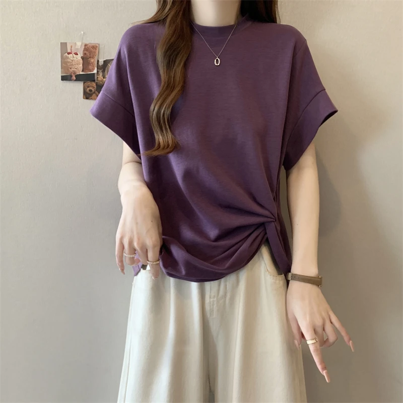 卡莲格/褶皱纯色简约圆领蝙蝠衫短袖T恤夏季韩系风胖mm不规则上衣