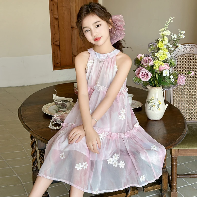 女童雪纺连衣裙2025夏季儿童挂脖吊带背心裙刺绣无袖公主裙子洋气