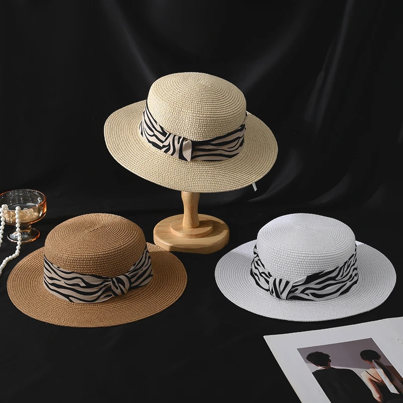 2025平顶礼帽女士夏季法式时尚新款草编太阳帽子海边防晒遮阳草帽